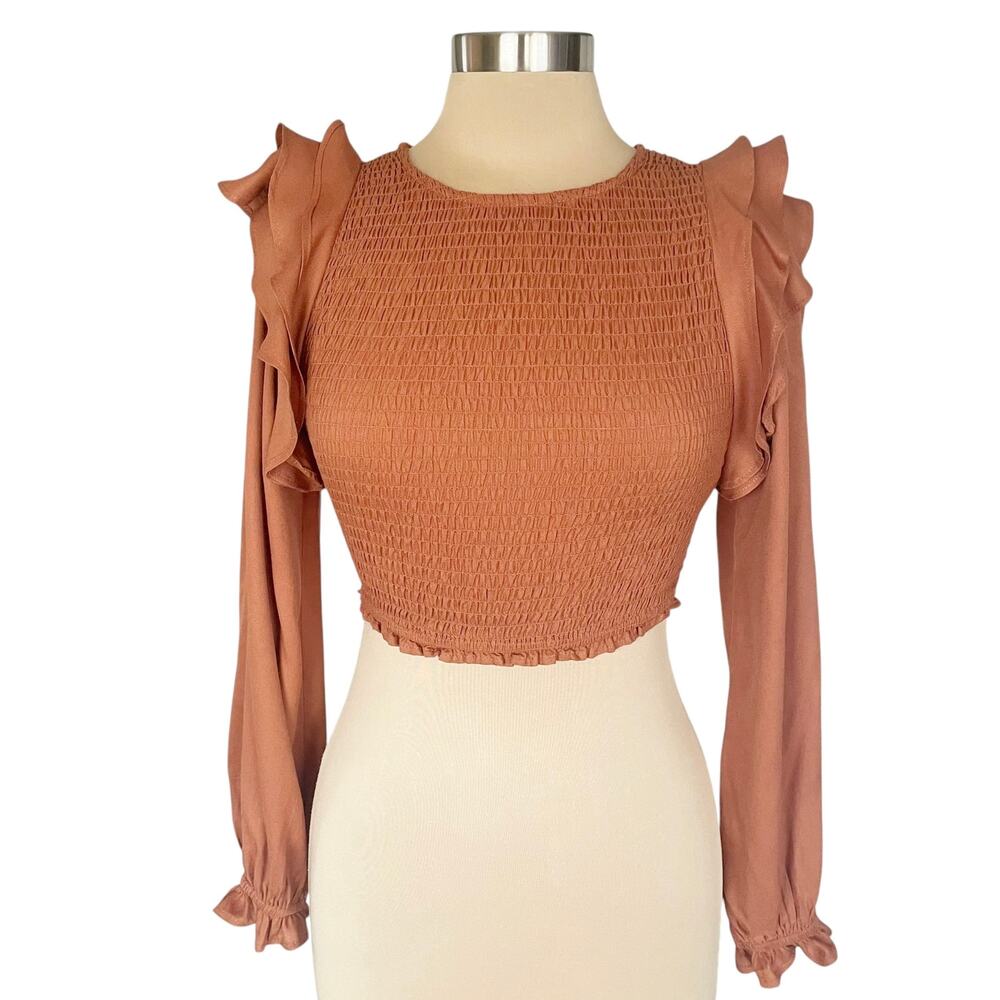 J. roberts Caramel Smocked Crop Top Long Sleeves Ruffled Shoulder SMALL Feminine
